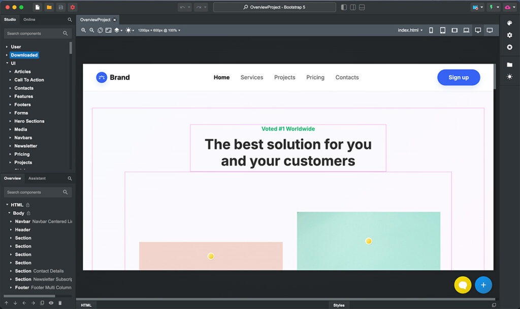 Overview dell'interfaccia del programma "Bootstrap Studio"